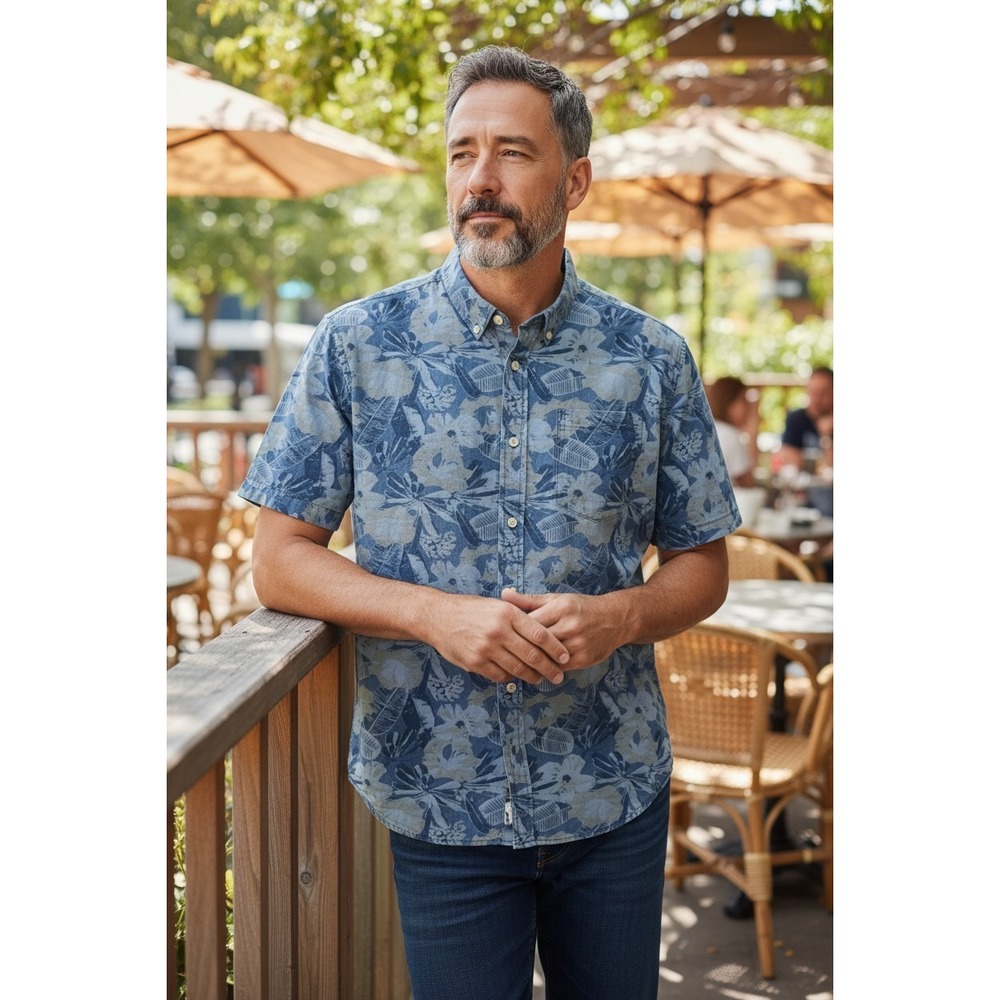 (H-228) Geoffrey Beene Men's Blue Floral Hawaiian Shirt‎ Short Sleeve Size M